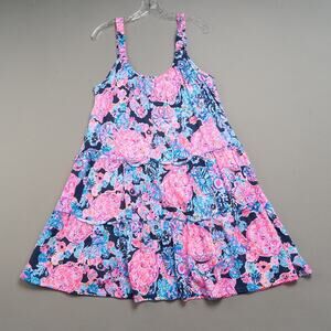 Lilly Pulitzer Loro Swing Dress Womens L Blue High Tide Floral Pink Tiers Cotton